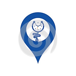 Time stethoscope map pin shape concept vector logo design template.