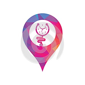 Time stethoscope map pin shape concept vector logo design template.