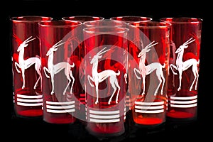 Beautiful set of eight red art deco 1930s gazelle glasses