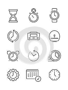 Time symbols. Calendar clock fast work time manageent thin linear icon vector collection