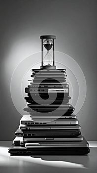 Time and Technology - Hourglass on a Stack of Laptops