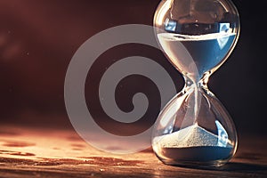 Time ticking Modern hourglass in running time on a wooden table