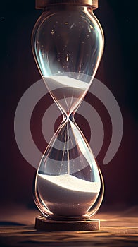 Time ticking Modern hourglass in running time on a wooden table