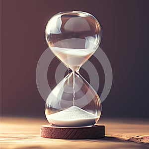 Time ticking Modern hourglass in running time on a wooden table