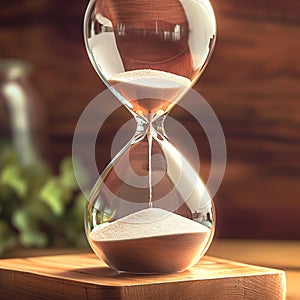 Time ticking Modern hourglass in running time on a wooden table