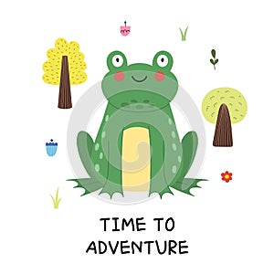 Time to adventure print with a cute green frog. Funny woodland character print