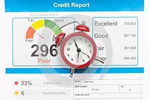 Time to check your credit score. Sign on red clocks with cash and coins on background