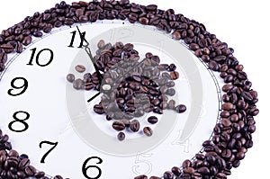 Time to drink coffee, coffee beans at the background of time