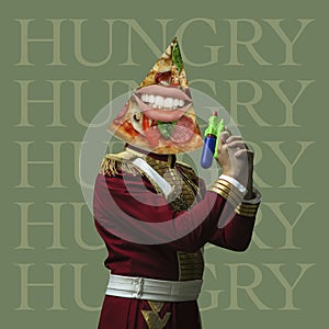 Time to eat. Model like medieval royalty person in vintage clothing. Concept of comparison of eras, artwork, renaissance