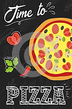 Time to eat pizza. Chalkboard poster. Vectro illustration