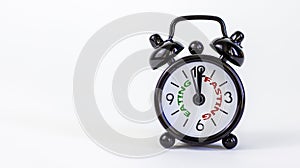 Time to fasting symbol. Beautiful black alarm clock with words `eating fasting`. Beautiful white background. Copy space. Healthy