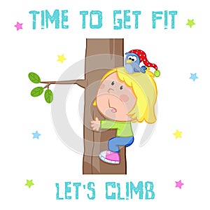 Time to get fit card - white background - cute little girl and sports - tree climbing