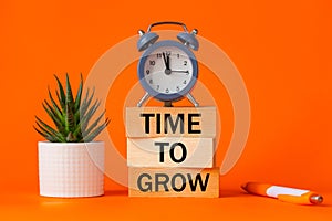 Time to Grow symbol. alarm clock and Time to Grow concept word on wooden blocks. Beautiful orange background, succulent, desk,pen