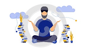 Time to health vector mind work meditation body man achievement. Person exercise focus harmony wellbeing yoga flat illustration