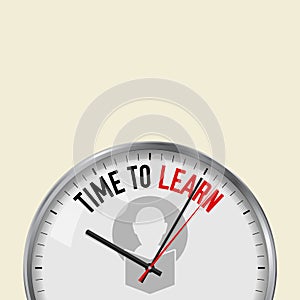 Time to Learn. White Vector Clock with Motivational Slogan. Analog Metal Watch with Glass. Man Reading a Book Icon