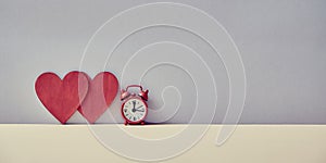 Time to love mockup. Valentines Day. Love relationship. Couple in love. Sweethearts and amour. Alarm clock, red hearts