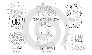 Time to Lunch Hand Drawn Retro Labels Set, Best in Town Fresh Natural Food Menu Monochrome Badges Vector Illustration
