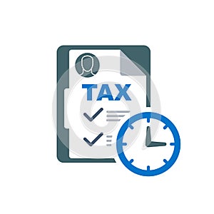 Time to pay tax - accounting reminder icon with checklist and clock, taxes payment
