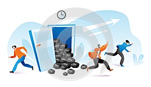 Time to pay tax, people run escape from finance problem vector illustration. Cartoon man woman character avoid debt