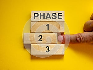 Time to Phase 2. Wooden blocks form the words `phase, 1, 2, 3,` on yellow background. Male hand. Beautiful background. Business