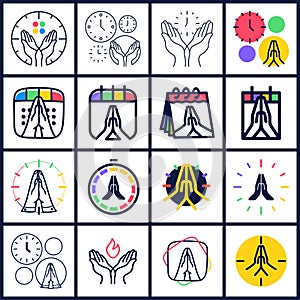 Time to Pray vector logo set. Collectio of Praying Hands Icon with clock or calendar