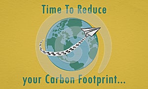 Time to reduce your Carbon footprint text with paper plane flying around the earth leaving black carbon footprints in vapour trail