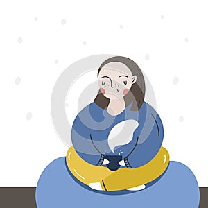 Time to relax, the girl drinks a hot drink, tea, coffee, cocoa or mulled wine. Cozy house. Vector illustration in flat style