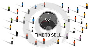 Time to sell concept with clock on crowd market transaction