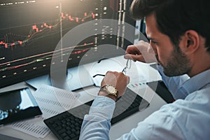 Time to trade. Bearded male trader looking at watch on his hand while working with data and charts on computer screens
