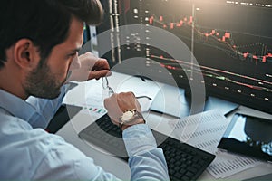Time to trade. Bearded male trader looking at watch on his hand while working with data and charts on computer screens