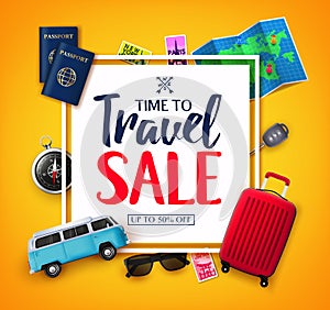Time To Travel Ads Banner Up To 50% Off  in White Space for Text with Vector 3D Realistic Traveling Item Elements