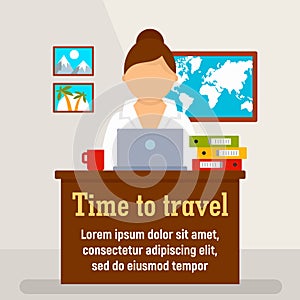 Time to travel agency concept background, flat style