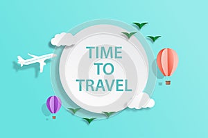 Time to travel airplane flying with balloon on green sky and cloud air transportation concept paper art cut stylevector photo