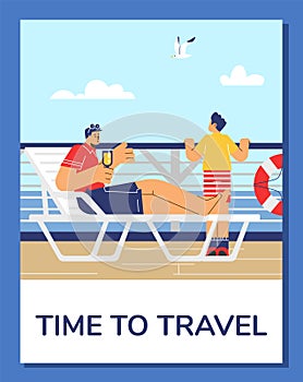 Time to travel banner with people on cruise ship in sea, flat illustration.