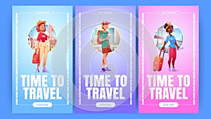 Time to travel banners with tourists with suitcase