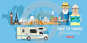 Time to travel. Camper journey of elderly couple concept design flat banner