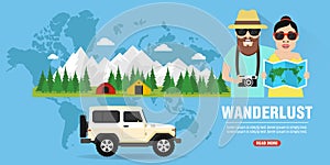 Time to travel camping. Wanderlust concept design flat