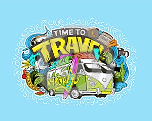 Time to travel, cartoon image with old van and inscription in doodles art style.
