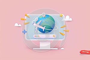 Time to travel concept. Business trip banner with planet and search app. 3D Web Vector Illustrations