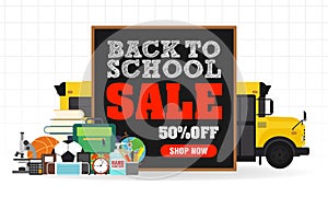 Back to school sale concept design flat banner. Sale 50% off, shop now. Welcome back to school. School icon