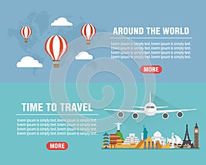 Time to travel concept design flat banners set. Around the world. Travel composition with famous world landmarks
