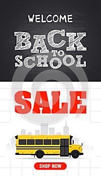 Welcome back to school sale. Back to school sale concept design flat poster with school bus. School icon
