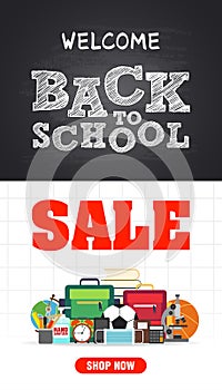 Welcome back to school sale. Back to school sale concept design flat poster with school supplies. School icon