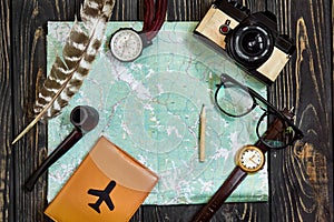 Time to travel concept, hipster flat lay. map passport compass a