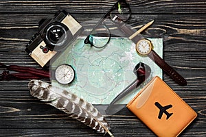 Time to travel concept, hipster flat lay. map passport compass a