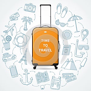 Time to travel concept illustration with realistic hand luggage suitcase