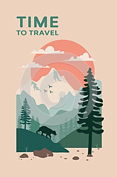 Time to travel concept. Landscape with mountains, a river and a bear