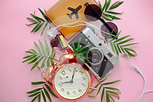 Time to travel concept. passport with plane, sunglasses,photo ca