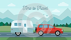 Time to travel concept. Travelling by car with travel trailer in the mountains. Flat style. Vector illustration