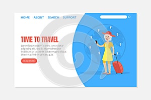 Time to Travel Landing Page Template, Senior Woman Travelling with Suitcase, Elderly People Active Lifestyle Vector